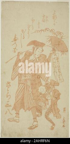 Kishi Bunshô. Monkey Trainer with a Monkey at the New Year. 1775–1794. Japan. Color woodblock print; hosoban Stock Photo