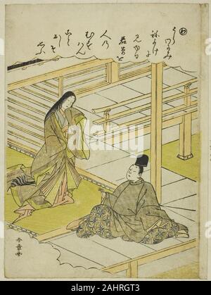 Katsukawa Shunsho. Wa Young Grass, from the series Tales of Ise in Fashionable Brocade Pictures (Furyu nishiki-e Ise monogatari). 1767–1778. Japan. Color woodblock print; koban Stock Photo