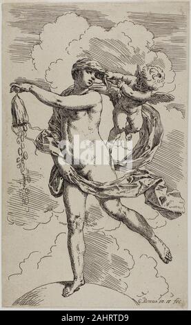 Simone Cantarini. Fortune. 1632–1648. Italy. Etching on cream laid paper Fortune, the goddess of chance and luck, accidentally spills her coin purse out into the heavens, an act that symbolizes the goddess’s arbitrary nature. A winged putto alerts Fortune to this act of blind fate by pulling her hair back from her eyes. Cantarini likely completed this print while under the tutelage in Mantua of his mentor, Guido Reni (Italian, 1575–1642). Reni was widely known for his painting of Fortune, and several etchings, including this one, were made after its likeness. But the two artists later grew est Stock Photo