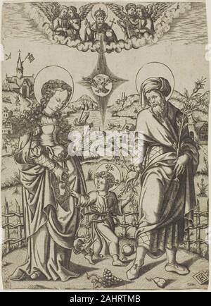 Unknown artist. Holy Family. 1505–1515. Italy. Engraving on paper In this representation of the Holy Family, the crowned Virgin Mary stands at left, holding a garland of roses, a flower associated with purity and healing. In the center, the infant Jesus reaches for this garland, as well as a branch of lilies held by Saint Joseph. Above the trio, the Holy Spirit is represented in the form of a dove, while God the Father is seated on a cloud surrounded by four angels playing musical instruments. The initials “GG” at the bottom right refer to the monogram of an unknown master who possibly lived a Stock Photo