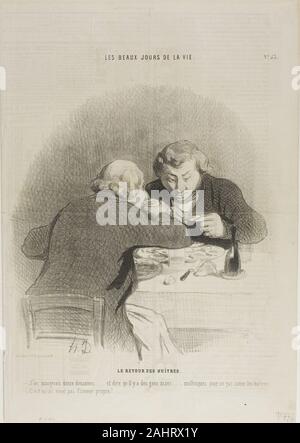 Honoré-Victorin Daumier. The Return of the Oyster Season. “- I could eat twelve dozens of them… just imagine that there are people who don't like oysters… - They just have no self respect…,” plate 53 from Les Beaux Jours De La Vie. 1845. France. Lithograph in black, with scraping on stone on cream wove paper (sheet folded to form four pages, but has separated), with text added in another hand and letterpress verso (and recto when unfolded) Stock Photo