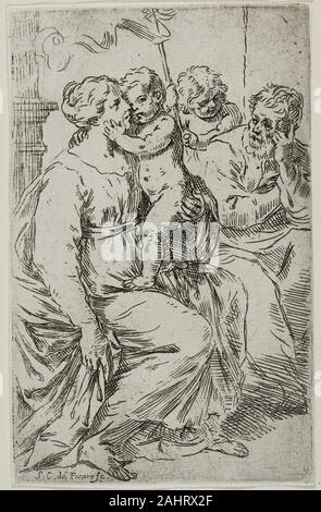 Simone Cantarini. The Holy Family. 1632–1648. Italy. Etching on paper Cantarini was influenced by the works of Federico Barocci and the Carracci, and he worked for a short period with Guido Reni in Bologna. He traveled extensively and etched about thirty-five prints during his short lifetime. Stock Photo