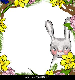 Easter wreath with spring flowers. Lettering spring. Element for the design of spring banners and posters. Isolated on a white background.. Stock Vector