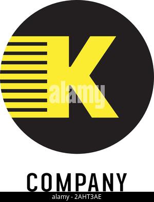 Letter K Alphabetic Logo Design Template, Abjad, Flat Simple Clean Concept, Black & Yellow, Lettermark, Rounded Ellipse, Fast Speed Motion Stock Vector