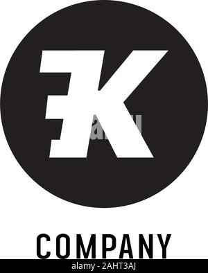 Letter K Alphabetic Logo Design Template, EK Abjad Logo Concept, Flat Simple Clean, Black & White, Lettermark, Rounded Ellipse, Fast Speed Motion Stock Vector