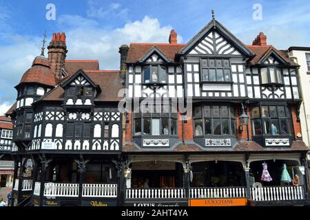 Shops inside beautiful timber-framed building in Chester town centre, Chester, Cheshire, UK Stock Photo