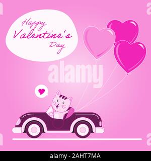 The cute cat driving a car with heart balloon in the pink background and  - Vector Illustration Stock Vector