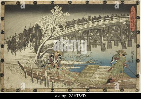 Utagawa Hiroshige. Act 11, Part 1 The Approach to the Night Attack (Juichidanme ichi, yochi oshiyose), from the series The Revenge of the Loyal Retainers (Chushingura). 1829–1844. Japan. Color woodblock print; oban The story of The Forty-seven Samurai is based on events that occurred at the beginning of the 18th century and is one of the longest plays in the Kabuki repertoire that is still performed. The drama recounts the death of Enya Hangan, who was forced to commit suicide by the evil Moronao, and the revenge sought by Hangan’s loyal retainers for their lord’s death. In the scene depicted Stock Photo