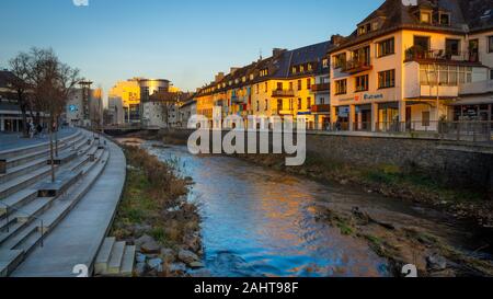 River Sieg in the inner circle of Siegen City, NRW, Germany. Photo taken on the silvester evening 2019. Stock Photo