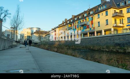 City of Siegen - Development in the shopping district, NRW,Germany. View show the new riverbank on the river Sieg. Stock Photo