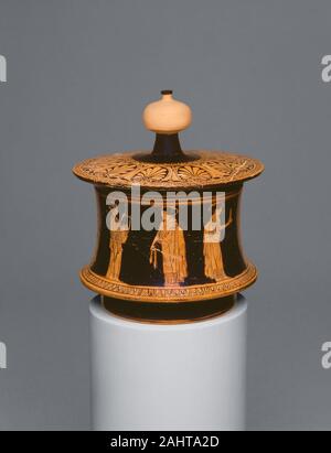 Ancient Greek. Pyxis (Container for Personal Objects). 430 BC–420 BC. Athens. terracotta, decorated in the red-figure technique Vessels of this type were probably used to hold personal effects like cosmetics, jewelry, or other trinkets and were often given as wedding gifts. Stock Photo