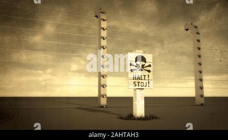 The sign inside Polish concentration camp, Auschwitz and Birkenau. The sign stood between the housing blocks and double electric fence. Stock Photo