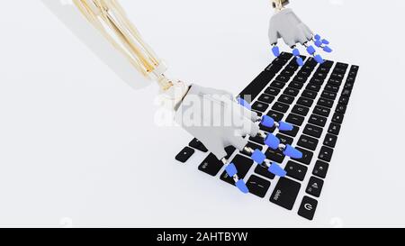 Robot hands on the frameless keyboard keys.