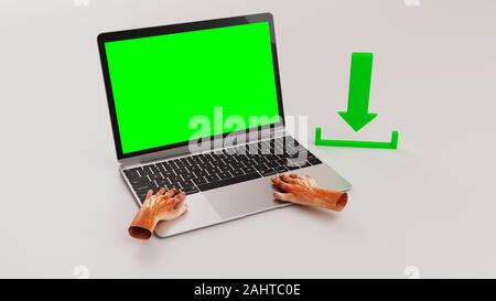 Hands on the laptop keyboard next to the download symbol, template. Stock Photo