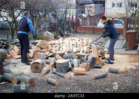 Father and son splitting wood with axes and maul Stock Photo