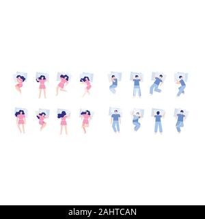 Set cartoon man and woman in pajamas sleeping in different poses top view vector flat illustration Stock Vector
