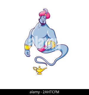 Smiling cartoon genie coming out of magic lamp vector flat illustration Stock Vector