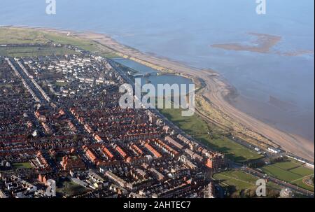 aerial view looking west along Marine Beach & The Esplanade in Fleetwood, Lancashire Stock Photo