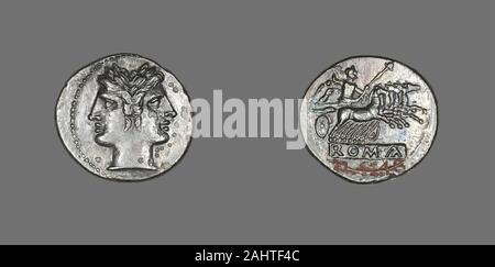 Ancient Roman. Didrachm (Coin) Depicting the God Janus. 225 BC–214 BC. Roman Empire. Silver Stock Photo