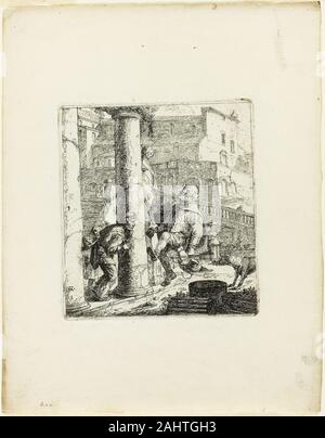 Thomas Wyck. The Blind Beggar Tricked by Lazarillo. 1636–1677. Holland. Etching on ivory laid paper Thomas Wyck illustrated several scenes from the anonymous Spanish picaresque novella, The Life of Lazarillo de Tormes and of his Fortunes and Adversities. Treated as a heretical tract in Catholic Spain (where the Spanish Inquisition was still active), the tale was also published in Antwerp in 1555. In this etching, the unscrupulous protagonist is apprenticed to a blind man, on whom he practices the arts of stealing and subterfuge. Stock Photo