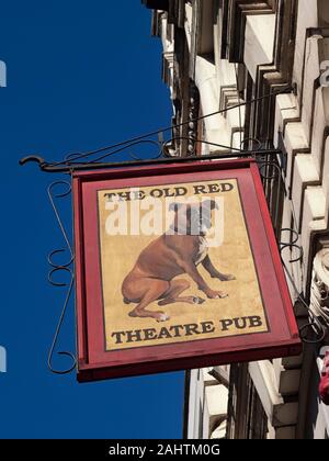 LONDON, UK - SEPTEMBER 27, 2018:   Sign above the Old Red Lion Theatre Pub in St John Street, Islinton Stock Photo