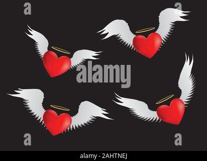 Set of red hearts with angel wings on black background. Stock Vector