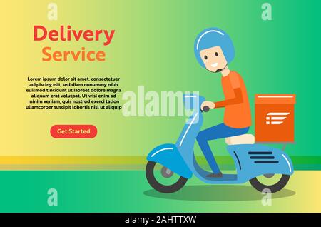 Delivery Boy Ride Scooter Motorcycle Service for online delivery service concept, web landing page, ui, mobile app, banner template - Vector Illustrat Stock Vector