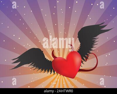 Valentine red heart with black angel wings on background with rays. Stock Vector