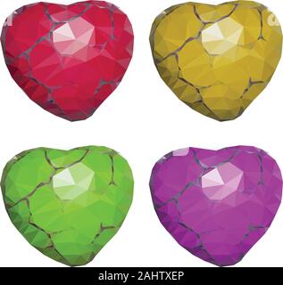 Colorful low poly stone hearts with cracks set. Stock Vector