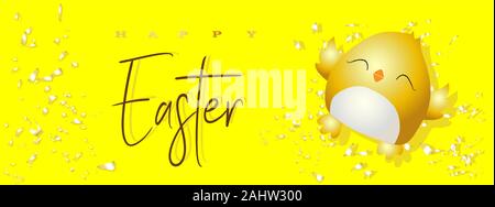 Easter poster and banner template with Easter chicken on a bright yellow background .. Greetings and gifts for Easter Day. Promotion and shopping Stock Vector