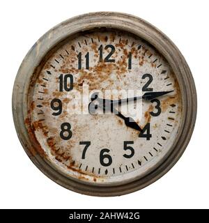 Isolated objects: Very old round wall clock, single, on white background