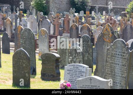 Grave headstones in churchyard, St Margaret's Church, Fore Street, Northam, Devon, England, United Kingdom Stock Photo
