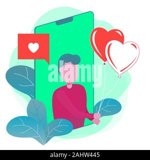 A man giving heart balloon from smart phone for Valentine Day, Birthday, Online shopping - Flat Vector Illustration. Stock Vector