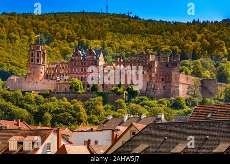 Great close-up view of the famous Heidelberg Castle, a ruin and landmark on the northern part of the Königstuhl hillside in Heidelberg on a nice... Stock Photo