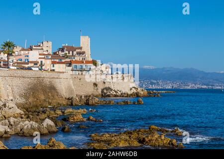 France. Provence. French Riviera. Cote d'Azur. Antibes. Seafront of old historic center of town and landmarks. View from the sea Stock Photo