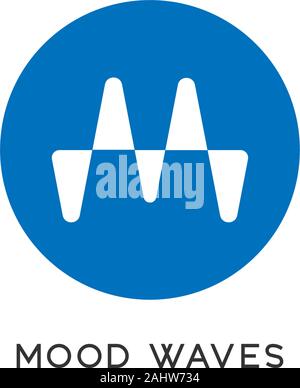 Letter M Alphabetic Wave Logo, Liquid Sound Wave Logo Concept, Audio Design Template, Blue & White Background, Ellipse Shape, Monogram Logotype, EPS10 Stock Vector