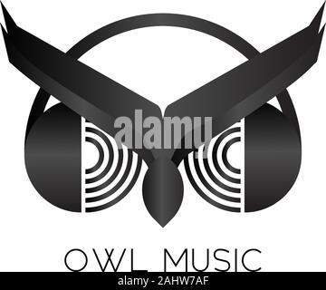 Owl Music Logo Design Template, Listen to Music With Headphone, Animal Logo Concept, Night Bird, Audiophile Illustration, Audio Equipment, EPS 10 Stock Vector