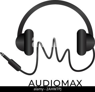 Audiomax Logo, Headphone & Cable Wave Logo Design Concept, Black and White Audio Logo Design Template,  Audiophile, Music lovers equipment, Ear Stuff Stock Vector