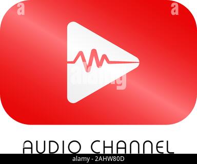 Audio Streaming Channel Logo Design Concept, Red, White, Rounded Square Rectangle Logo Template, Play Button Icon, Sound Signal, Audio Spectrum Visual Stock Vector