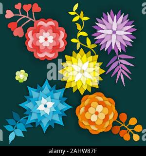 Paper art flowers isolated. Set - vector stock. Stock Vector