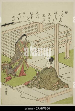 Katsukawa Shunsho. Wa Young Grass, from the series Tales of Ise in Fashionable Brocade Pictures (Furyu nishiki-e Ise monogatari). 1767–1778. Japan. Color woodblock print; koban Stock Photo
