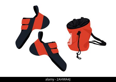 Climbing shoes pair and chalk bag isolated on white background. Vector illustration. Stock Vector
