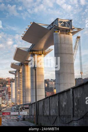 Genoa, Genova, Italy: Construction site where collapsed Morandi bridge (Polcevera viaduct) once stood. New bridge designed by Renzo Piano Stock Photo