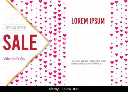 3d vector saint valentine day pink heart and golden frame on light background. Poster and invitation Stock Vector