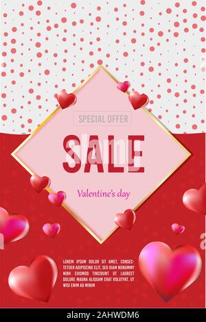 3d vector saint valentine day vertical golden frame on red and white background with vector hearts. Party poster and invitation Stock Vector
