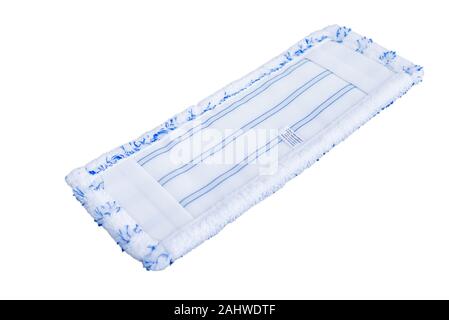 White and blue striped fiber mop for cleaning floor isolated on white background. Stock Photo