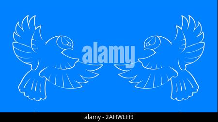 White contours of two small birds with spread wings on a blue background. Vector illustration. Stock Vector