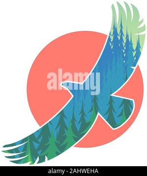 Forest background on a silhouette of a flying eagle. Behind the red sun. Vector abstract illustration. Stock Vector