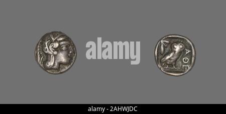 Ancient Greek. Drachm (Coin) Depicting the Goddess Athena. 490 BC. Athens. Silver Stock Photo