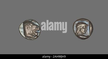 Ancient Greek. Drachm (Coin) Depicting Lion. 500 BC–480 BC. Knidos. Silver Stock Photo